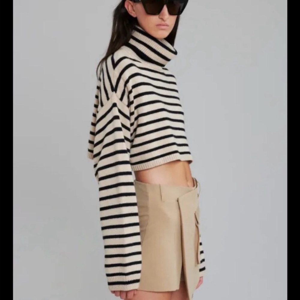 The Frankie Shop Athina Striped Turtleneck Cropped Sweater, Navy + Tan, XS